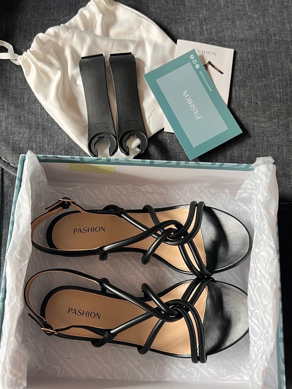 Convertible Pashion Footwear Knotted Sandals, Black Capri Vegan Leather, Size 7